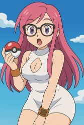 ai_generated big_breasts boob_window bracelet cute diamond_cutout dress exposed_breasts fat_tits glasses holding_poke_ball looking_at_viewer oc open_mouth original_character pink_eyes pink_hair pinku_(oc) pokeball pokemon shiny_breasts tight_clothing white_dress