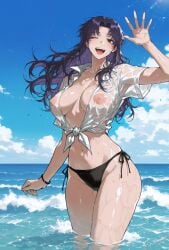 ai_generated big_breasts bikini_bottom in_water kizirugai misato_katsuragi neon_genesis_evangelion ocean one_eye_closed see-through_shirt waving wet_body wet_shirt wet_skin
