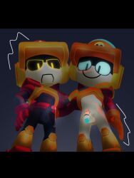 2boys brawl_stars dark_room glowing_eyes half-erect larry_(brawl_stars) lawrie_(brawl_stars) looking_at_viewer looking_down male precum robot twins