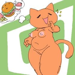 2025 2channel anthro belly beverage breasts burger closed_eyes digital_drawing_(artwork) digital_media_(artwork) domestic_cat exposed_breasts felid feline felis female food fries gana_(2channel) genitals kemonoci low_res mammal nipples nude oekaki open_mouth orange_body simple_background smile solo tail thought_bubble