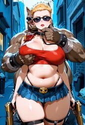 1boy 1girls ai_generated alien belt blonde_female blonde_hair crop_top duke_nukem duke_nukem_(series) fat_male female garter genderswap_(mtf) groping groping_breasts gun high_waisted_thong holding_chin holding_gun male microskirt miniskirt orc_male pig_alien pleated_skirt rule_63 shades shaking short_hair skindentation squeezing_breast submissive_female sunglasses trembling ugly_bastard ugly_male very_short_hair