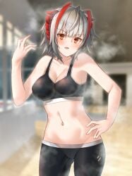 1girls arknights bare_armpits bare_arms bare_belly bare_chest bare_hands bare_hips bare_midriff bare_navel bare_shoulders bare_skin belly belly_button blurred_background blurry_background breasts cleavage collarbone elbows exposed_armpits exposed_arms exposed_belly exposed_chest exposed_hips exposed_midriff exposed_navel exposed_shoulders exposed_skin eyebrows_visible_through_hair female female_focus female_only fingers grey_eyebrows grey_hair grey_hair_female groin hand_on_hip hand_on_own_hip hand_on_own_waist hand_on_waist head_tilt high_resolution highres hourglass_figure lean_figure long_hair looking_at_viewer medium_breasts midriff multicolored_hair narrow_waist navel open_mouth orange_eyes orange_eyes_female parted_lips red_hair red_hair_female shirai_yu shoulders silver_hair silver_hair_female slender_body slender_waist slim_waist solo sports_bra standing thighs tilted_head tongue upper_body w_(arknights) wide_hips yoga_pants