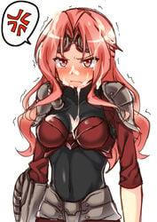 angry angry_facial armor blush chandra_nalaar cum cum_on_breasts cum_on_chest cum_on_hair facial goggles magic_the_gathering pink_hair