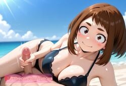 ai_generated beach big_ass big_breasts bikini boku_no_hero_academia my_hero_academia ochako_uraraka ryuuziken01 thick_thighs uraraka_ochako