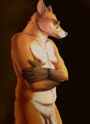 anthro balls canid canine clock closed_eyes crossed_arms eyewear eyewear_only facing_aside foreskin fox fur genitals glasses glasses_only hi_res male mammal navel nipples nude penis pink_nipples pink_nose rayfkm red_body red_fur solo uncircumcised watch wearing_glasses whiskers white_body white_fur