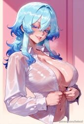 ai_generated balecxi blue_hair blue_nails cleavage female hair_between_eyes large_breasts long_hair long_sleeves looking_at_viewer nail_polish navel open_clothes open_shirt patreon_username purple_eyes smile solo sweat the_shorekeeper_(wuthering_waves) upper_body web_address wet wet_clothes white_shirt wuthering_waves