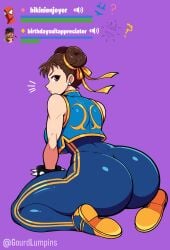 ass bodysuit bodysuit_under_clothes bracelet brown_eyes brown_hair chun-li chun-li_(fortnite) crop_top double_bun earrings female fit_female fortnite gourdlumpins hair_ribbon hud huge_ass kneeling leaning_forward lips looking_back on_knees ryu_(street_fighter) shoes sneakers spider-man spiked_bracelet street_fighter