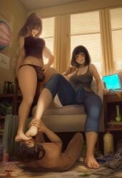 1boy 2futas ai_generated blush bong bulge bulge_through_clothing clothed_futa_nude_male erection_under_clothing feet_on_face foot_fetish foot_on_face foot_worship futa_on_male futa_with_male futadom futanari intersex large_breasts male messy_room on_ground rubbing_bulge smile smug sweat sweaty threesome trans_woman transgender transgender_pride_colors