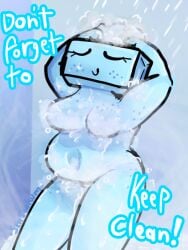 1girls basic_background blue_body censored chubby_female dandy's_world female freckles naked naked_female sensealwm shortstack shower showering soap steam tisha_(dandy's_world) wet