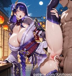 ai_generated cum cum_in_pussy cum_inside genshin_impact hair_ornament large_breasts long_hair long_sleeves motion_lines patreon patreon_username purple_eyes purple_hair raiden_shogun rolling_eyes standing_on_one_leg standing_sex standing_split stockings tongue_out xzollosez