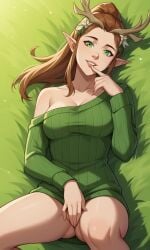1girls ai_generated antlers ass bigmic145 bottomless breasts brown_hair cleavage critical_role critical_role:_vox_machina curvy dnd elf elf_ears fantasy female female_only freckles keyleth off_shoulder pointy_ear ponytail ribbed_sweater single_bare_shoulder sweater sweater_dress tease teasing the_legend_of_vox_machina