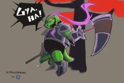 anthro armor balls belly bodily_fluids boots bronzebadger cel_shading circumcised clothing deltarune digital_media_(artwork) dripping elderly facial_hair flowing_hair footwear gauntlets genital_fluids genitals gerson gerson_boom_(deltarune) glistening gloves goatee green_body hair hammer handwear humanoid_genitalia laugh legwear looking_at_viewer male male_only open_mouth penis penis_poking_out plant ponytail precum precum_drip reptile saggy_balls scalie shaded shoes simple_background smile smirk solo solo_focus speech_bubble standing tail teeth_showing tights tools tree turtle