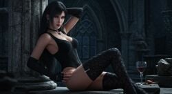 2025 3d arm_over_head black_hair bodysuit busty busty_female earrings final_fantasy final_fantasy_vii final_fantasy_vii_remake goth goth_girl goth_makeup highres jewelry leshay7 lying_on_back makeup pose posing red_eyes sitting stockings tifa_lockhart vampire_girl white_skin