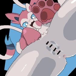 1:1 2025 2d_animation animated anthro anthrofied anus black_nose blinking blue_body blue_fur blue_inner_ear blue_sclera blush blush_lines bodily_fluids censored censored_genitalia censored_vulva digital_media_(artwork) eeveelution facesitting facesitting_pov female female_anthro fur generation_6_pokemon genital_fluids head_tuft looking_at_viewer loop low_res multicolored_body multicolored_ears multicolored_fur nintendo nude nude_anthro nude_female open_mouth open_smile pawpads pink_anus pink_body pink_ears pink_fur pink_pawpads pink_tongue pokemon pokemon_(species) ribbons_(anatomy) short_playtime sitting_on_another sky_necko smile solo spread_legs spreading sylveon tongue tuft vaginal_fluids vulva white_body white_eyes white_fur