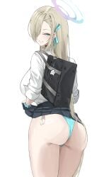 1girl 1girls absurdres ass asuna_(blue_archive) asuna_(school_uniform)_(blue_archive) bag big_ass black_bag black_skirt blonde blonde_female blonde_hair blonde_hair_female blue_archive blue_eyes blue_eyes_female blue_halo blue_panties blue_ribbon blue_scrunchie blush bow breasts clothed clothed_female condom condom_balloon eyes_visible_through_hair female from_behind from_side green_condom grin hair hair_over_one_eye hair_ribbon halo highres holding holding_bag large_breasts long_hair long_hair_female looking_at_viewer looking_back miz_blank official_alternate_costume open_mouth panties pleated_skirt purple_condom ribbon school_bag school_uniform scrunchie shirt skirt skirt_lift skirt_lifted_by_self skirt_up smile sole_female solo teeth thick_ass thick_thighs underwear used_condom used_condoms very_long_hair white_shirt wrist_scrunchie