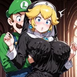 1boy 1girls ai_generated black_clothing blonde_hair blue_eyes blue_overalls breast_grab breasts church clothing duo ear_piercing facial_hair female green_hat green_shirt groping_breasts hands_on_breasts hat indoors light-skinned_female light-skinned_male light_skin looking_at_breasts luigi male male/female mario_(series) mature mature_female mature_male nintendo nun nun_outfit overalls princess princess_peach royalty shirt straight surprised upper_body voluptuous voluptuous_female window