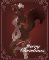 2021 anthro areola ass biped breasts brown_body brown_fur bulochka callie_(gunn3r916) canid canine canis christmas countershade_fur countershade_torso countershading digital_media_(artwork) domestic_dog feet female folded_ears fur hi_res hindpaw holidays looking_at_viewer looking_back looking_back_at_viewer mammal merry_christmas nipples nude on_one_leg orange_hair pawpads paws pink_areola pink_nipples pink_nose pink_pawpads raised_tail rear_view red_background shaded simple_background solo standing string_lights tail white_body white_fur