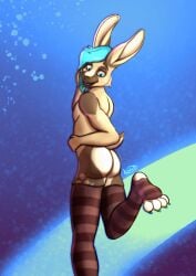 2024 4_toes anthro ass barely_visible_genitalia bent_leg blue_background blue_eyes blue_hair claws clothing duo extreme_size_difference feet femboy genitals hair hi_res kolatti lagomorph legwear leporid male male/male mammal micro micro_in_clothes open_mouth pattern_clothing pattern_legwear pattern_thigh_highs paws purple_background rabbit rear_view simple_background size_difference standing striped_clothing striped_legwear striped_thigh_highs stripes thigh_highs thigh_highs_only toe_claws toes touki_(kolatti)