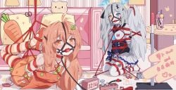 2girls abigcarrot_owo absurdres anal_beads anal_tail angel_wings apron artist_name ball_gag blush bondage bound butt_plug character_name countdown fake_tail female gag gagged hair_ornament highres indoors long_hair looking_at_viewer multiple_girls orange_apron orange_eyes orange_hair orange_thighhighs original peril restrained school_uniform scissors serafuku sex_toy tail thighhighs white_hair white_thighhighs wings