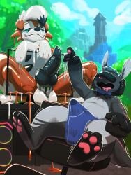 2025 3:4 3_toes 4_fingers absurd_res animal_genitalia animal_penis anthro big_penis biped black_body black_fur black_penis blue_collar blue_hair bodily_fluids bulge canid canine canine_genitalia canine_penis clothed clothing collar computer_monitor crossed_arms detailed_background digital_media_(artwork) duo dusk_lycanroc erection erection_under_clothing feet fingers fur generation_7_pokemon genital_fluids genitals glistening hair half-closed_eyes hi_res hindpaw hybrid kangaroo kite_(kitedafennec) kneeling knot latex liquid_latex lycanroc macropod male male/male mammal marsupial multicolored_body mustelid narrowed_eyes nintendo nude open_mouth orange_body otter outside pawpads paws penis pink_pawpads pokemon pokemon_(species) precum precum_through_clothing precum_through_underwear sexotheque sheath sitting skinny_the_otteroo smile toes topless underwear vein veiny_penis virtual_reality visor vr_headset wet wet_clothing white_body