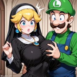 1boy 1girls ai_generated black_clothing blonde_hair blue_eyes blue_overalls breast_grab breasts clothed clothing duo ear_piercing facial_hair female green_hat green_shirt groping_breast hand_on_breast hat indoors light-skinned_female light-skinned_male light_skin looking_at_breasts luigi male male/female mario_(series) mature mature_female mature_male necklace nintendo nun nun_outfit princess princess_peach royalty shirt straight surprised upper_body voluptuous voluptuous_female