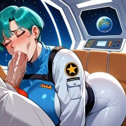 ai_generated big_penis blowjob bulma_briefs closed_eyes dragon_ball fellatio green_hair kneeling large_breasts large_penis long_penis oral oral_penetration oral_sex short_hair space spaceship sucking_penis tagme