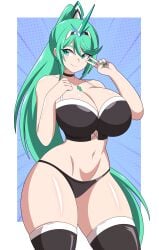 absurdres abysswatchers alluring black_bra black_panties black_thighhighs blue_background blush bra choker cleavage collarbone core_crystal_(xenoblade) female green_eyes green_hair green_nails hairband highres horns large_breasts long_hair looking_at_viewer navel nintendo panties pneuma_(xenoblade) polka_dot polka_dot_background ponytail single_horn smile standing thick_thighs thighhighs thighs underwear v wide_hips xenoblade_(series) xenoblade_chronicles_2