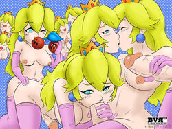 :>= areola ass_grab blonde_hair blue_eyes blueversusred breasts clone clonecest crown cum cum_on_breasts doggy_style double_cherry earrings elbow_gloves fellatio from_behind futa_on_futa futa_only futanari gloves hair handjob happy highres human humanoid intersex kissing kneeling large_breasts long_hair mario_(series) nintendo nipples nude oral penis pink_gloves pink_legwear princess_peach reddly23 selfcest sex spitroast super_mario_3d_world thighhighs tits veiny veiny_penis wink