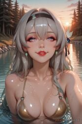 2025 ai_generated bangs bare_shoulders bikini black_hairband blue_eyes blush breasts cleavage collarbone earrings female female female_focus firefly_(honkai:_star_rail) gold_bikini grey_hair hair_between_eyes hair_intakes hair_ornament hair_ribbon hairband honkai:_star_rail honkai_(series) jewelry lake lips long_hair looking_at_viewer medium_breasts nsfw outdoors parted_lips partially_submerged reflection rognezart shiny shiny_clothes shiny_skin sky smile solo sunset swimsuit teeth tree upper_body water wet