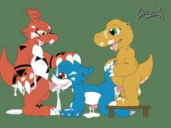 3boys agumon anal balls chubby claws cum cum_in_ass cum_in_mouth cum_inside digimon dinosaur dragon fellatio gay group group_sex guilmon male male_only oral penis scalie sex soul-silver-dragon threesome veemon yaoi