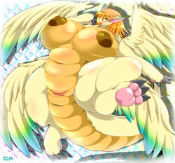 abstract_background anthro anthrofied anus big_breasts blush breasts chubby claws digitigrade dragon female flammie fur furred_dragon hair horizontal_slit huge_breasts mana_(series) multi_wing open_mouth orange_hair pawpads pussy secret_of_mana simple_background solo teal_eyes video_games wide_hips wings ymbk