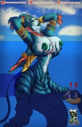 2025 4_arms azshara big_breasts breasts giantess grabbing grabbing_breasts grabbing_own_breast huge_breasts large_breasts monster monster_girl multi_arm multi_limb naga nipples ocean queen_azshara seductive shaowarts sunbathing warcraft world_of_warcraft