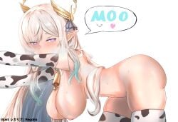 1girls areolae armwear belly_button blush breasts cow_print cow_print_armwear cow_print_legwear cowbell english_text female female_only heart-shaped_pupils heavy_breathing hikanari_hina huge_breasts legwear light-skinned_female light_skin mooing nipples phase_connect phase_euphoria regalia_(finest_regalia) solo speech_bubble spoken_heart sweat symbol-shaped_pupils text virtual_youtuber white_hair
