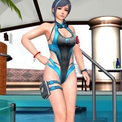 alluring big_breasts blue_eyes blue_hair breasts cleavage dead_or_alive dead_or_alive_xtreme_venus_vacation emma_ich_komme female one-piece_bikini reika_(doa) swimming_pool tecmo