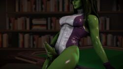 1futa 3d animated arm_support books bookshelf fingerless_gloves futa_only futanari gloves green_hair green_skin hair indoors intersex large_penis leaning leotard long_hair marvel masturbation nail_polish oil penis penis_out pool_table redmoa she-hulk shiny shiny_clothes shiny_skin solo source_filmmaker