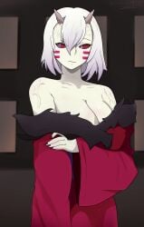 1girls big_breasts clothing demon demon_girl demon_slayer female female_only horns mukago red_eyes white_hair