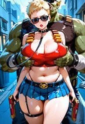 1boy 1girls ai_generated alien belt blonde_female blonde_hair crop_top duke_nukem duke_nukem_(series) fat_male female garter genderswap_(mtf) groping groping_breasts gun high_waisted_thong holding_gun interspecies male miniskirt orc_male pig_alien pleated_skirt rule_63 shades short_hair skindentation submissive_female sunglasses ugly_bastard ugly_male very_short_hair