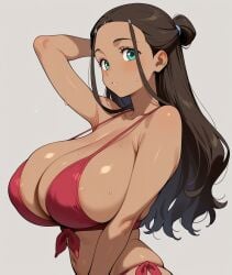 1girls ai_generated avatar_the_last_airbender bikini dark-skinned_female female grabbing_own_breast huge_breasts katara large_breasts panties