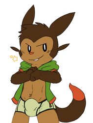 1boy action_pose anthro boxer_briefs bulge chespin clothing flat_colors front_view grin hoodie looking_away male male_only nintendo oob pokemon solo underwear video_games