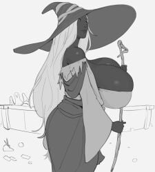 1girls 2026 absurd_res ass big_ass black_and_white breasts busty cleavage clothed clothed_female clothing curvaceous curvy dankwoll dark-skinned_female dark_skin deep_cleavage dress elden_ring elden_ring_nightreign female fromsoftware fully_clothed gigantic_breasts greyscale hair hat headgear hi_res holding_object human large_ass long_hair looking_at_viewer monochrome recluse_(elden_ring) recluse_(nightreign) side_view skindentation solo staff standing strapless strapless_dress sweat sweatdrop sweating sweaty sweaty_body sweaty_breasts three-quarter_portrait very_long_hair white_hair wide_hips witch witch_hat