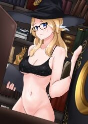 1girl belly belly_button blonde_hair blue_eyes book bookshelf bra constellation convenient_censoring glasses halo headwings hopesodesirable lewdtuber library novalie_quinn solo top_only underboob virtual_youtuber vtuber witch witch_hat