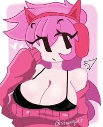 1girls ashley_(oddmod) ashley_wave_trials big_breasts black_bra bra breasts collarbone female geometry_dash headphones oddmod off_shoulder pink_hair safe self_upload sfw simple_background sweater
