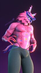 3d 3d_(artwork) abs alebrije andy_fangerson anthro blender bulge claws dollymolly323 epic_games fortnite furry hips male male_focus marks_on_body muscles muscular_male pants_only pecs pink_fur shirtless tail tattoo tongue_out underwear video_game_character
