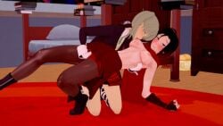 2girls 3d black_hair black_hair_female breasts clothed_female crossover eastern_and_western_character female female_only fingering fingering_pussy fingerless_gloves half-dressed half_naked half_naked_female littlered-rose maka_albarn red_highlights ruby_rose rwby sandy_blonde_hair silver_eyes soul_eater sucking_nipples