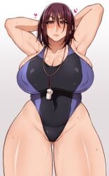 1girls armpits arms_up bbw big_breasts breasts brown_hair comic curvy gigantic_breasts hi_res hourglass_figure huge_breasts korotsuke large_breasts medium_hair naomi_tokunaga older_female purple_eyes pussy_juice sweat swimsuit teacher textless the_creepy_glasses_girl thick_thighs thighs voluptuous white_background