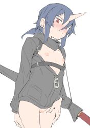 absurdres black_jacket blue_hair blush breasts cleft_of_venus closed_mouth commentary_request ear_piercing earrings expressionless female flat_chest hair_between_eyes high_collar highres horns jacket jewelry long_sleeves looking_at_viewer multiple_piercings nipples no_pants oni open_clothes open_jacket original partially_unzipped petite piercing pussy red_eyes sheath sheathed simple_background single_horn small_breasts solo sword traditional_media weapon white_background zettai_yarumoni zipper zipper_pull_tab