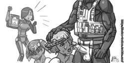 1boy 3girls after_fellatio cum cum_on_hair facial greyscale hal_emmerich hand_on_another's_head head_out_of_frame load_bearing_vest metal_gear metal_gear_mk._ii metal_gear_ray metal_gear_rex metal_gear_solid metal_gear_solid_4 monochrome multiple_girls noisetanker open_mouth penis personification sneaking_suit solid_snake testicles uncensored