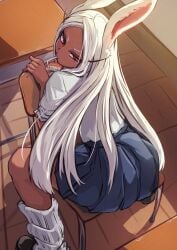 absurdres animal_ears black_shoes boku_no_hero_academia chair chankirankachan classroom commentary_request dark-skinned_female dark_skin desk drink_carton drinking_straw female female_only forehead grey_hair grey_skirt highres human humanoid indoors long_hair looking_back loose_socks mirko miruko my_hero_academia on_chair pleated_skirt rabbit_ears red_eyes rumi_usagiyama school_chair school_desk school_uniform shirt shirt_tucked_in shoes sitting skirt socks solo straight_hair very_long_hair white_shirt white_socks