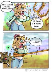 anthro anthro_female bangs belly_button big_breasts blonde_female blonde_hair blush blush_lines braid braided_hair breasts captured_female cheerful cheerful_smile cindy_(slugged_surv) cleavage comic comic_page comic_panel cow_girl cowboy_hat dialog dialogue dimension dimensional_rift english english_text equine exposed_midriff female female_focus freckles_on_breasts freckles_on_face freckles_on_shoulders green_eyes hat heart heart_symbol horse_girl horse_tail hud jeans lasso mouth offscreen_character onomatopoeia portal predicament question_mark questionable_consent red_dead_redemption_(series) red_dead_redemption_2 reigns restrained restrained_arms ripped_pants rope rope_bondage rosy_cheeks scarf slugged_surv speech_bubble sweatdrop sweating text text_box thick_ass thick_thighs tied tied_up tight_clothing tight_pants western