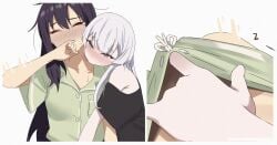 2girls biting biting_neck black_hair black_shirt blush cho_kaguya-hime! closed_eyes commentary_request edgar_syu fingering green_shirt hand_in_another's_shorts highres long_hair mole mole_under_eye multiple_girls pink_hair runami_yachiyo sakayori_iroha shirt simple_background white_background white_hair yuri